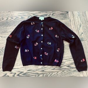 Susan Bristol Black Tartan Embroidered Scottie Dog Button-Front Cardigan Sweater